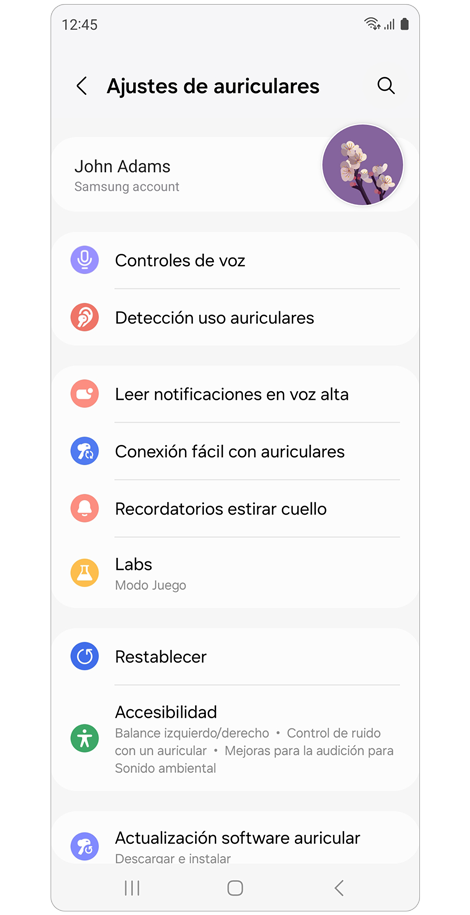 Pantalla de inicio de ajustes de auriculares.