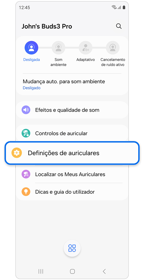 Ecrã inicial dos auriculares.