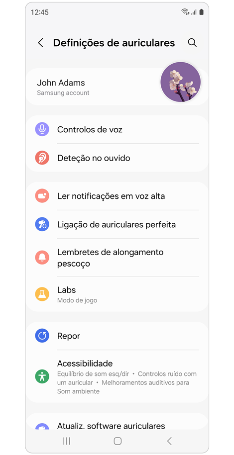 Ecrã inicial Definições de auriculares.