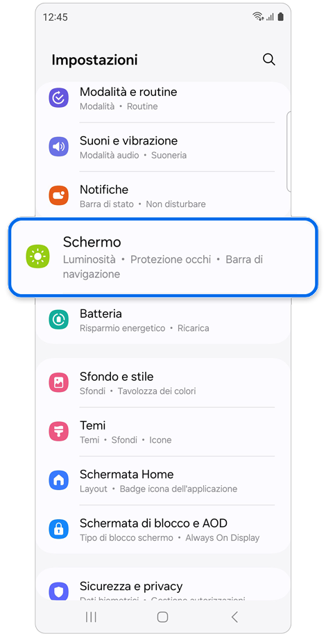 Schermata principale di Impostazioni