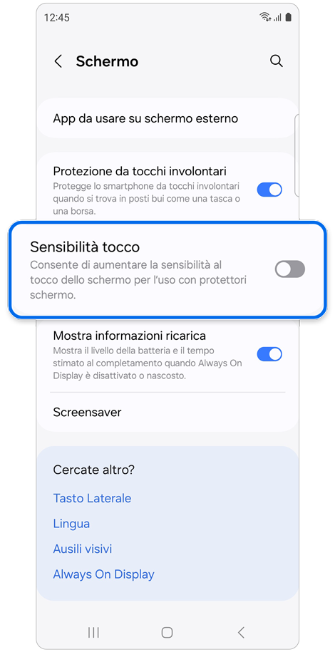 Schermata delle impostazioni di Schermo