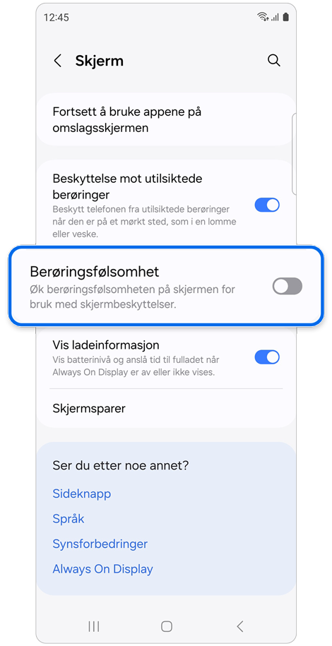 Skjermbilde for innstillinger til Skjerm
