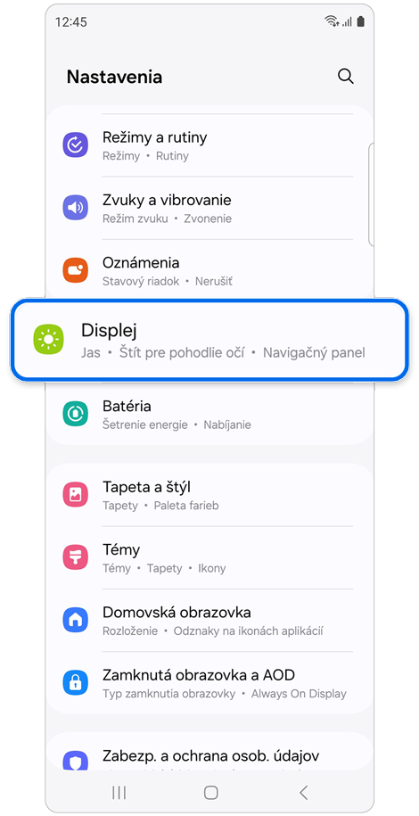 Domovská obrazovka funkcie Nastavenia