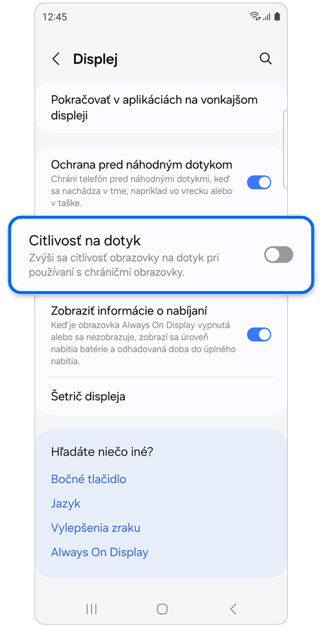 Obrazovka nastavenia funkcie Displej