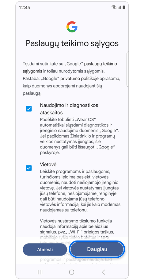 Paslaugų teikimo sąlygų ekranas.