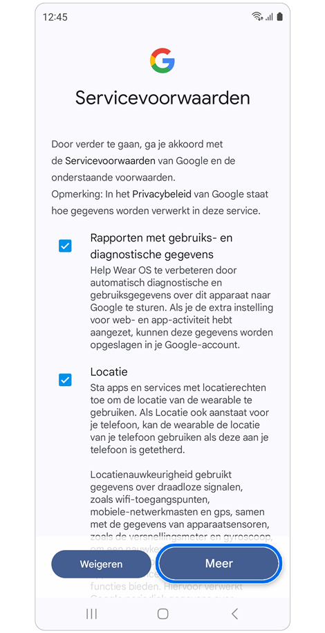 Servicevoorwaarden scherm.