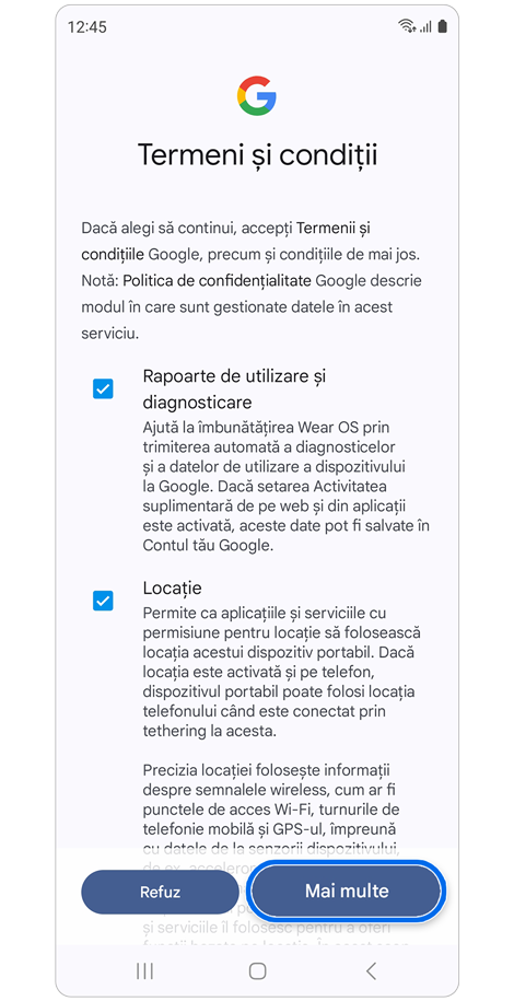 Ecranul de termeni și condiții.