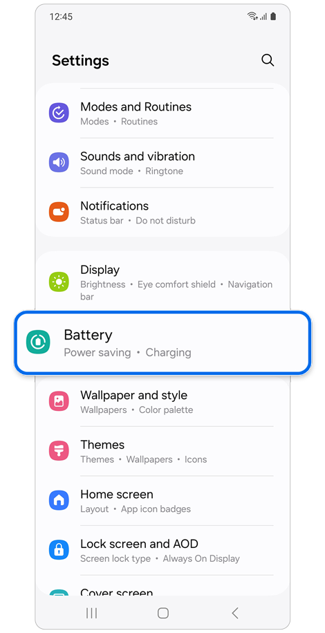 Settings home screen