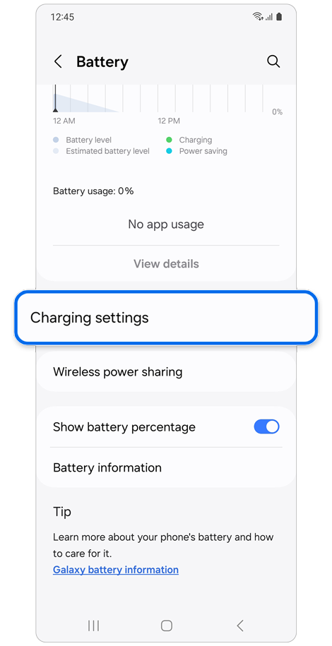 Battery settings screen