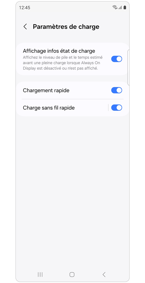 Écran d'accueil du menu des paramètres de charge d’un Samsung Galaxy