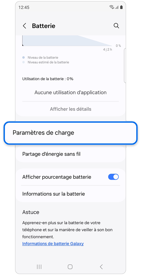 Écran d'accueil du menu Batterie d’un Samsung Galaxy