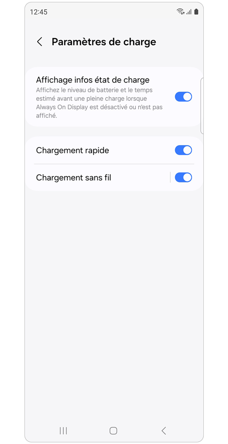 Écran d'accueil du menu des paramètres de charge d’un Samsung Galaxy