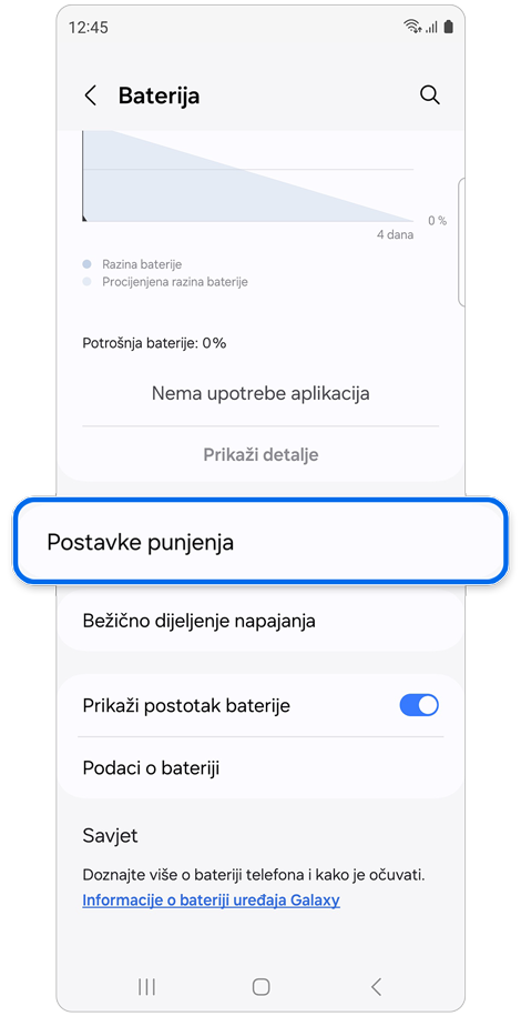 Zaslon postavki Baterija