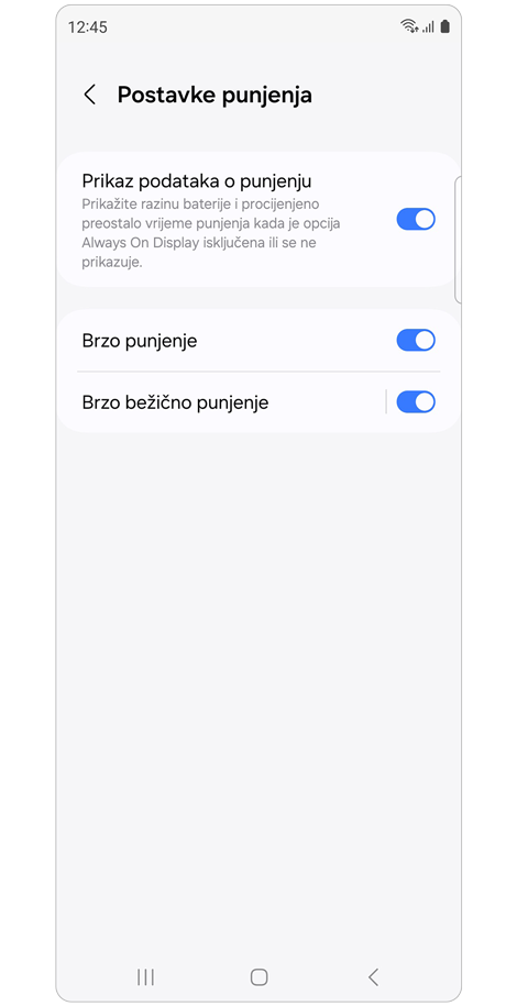 Zaslon za Postavke punjenja
