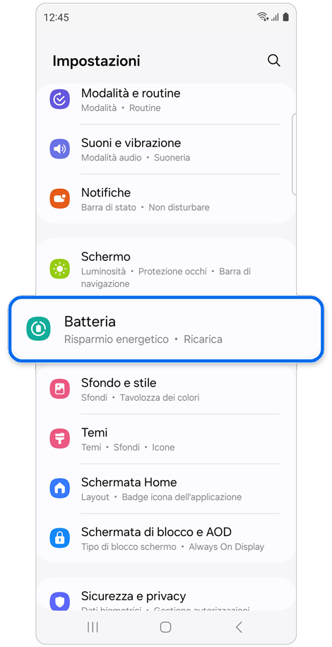 Schermata principale di Impostazioni