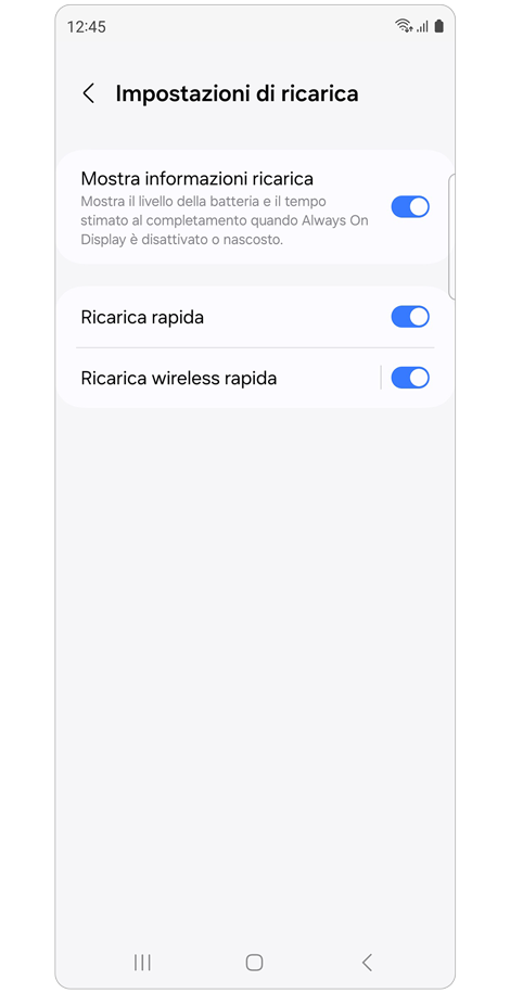 Schermata Impostazioni di ricarica