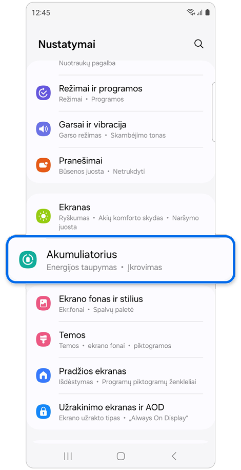 Nustatymų pradžios ekranas