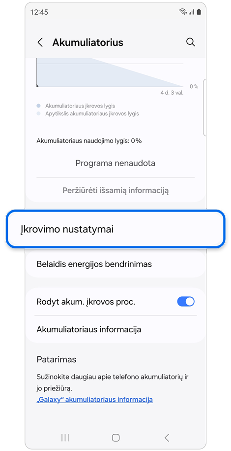 Akumuliatoriaus nustatymų ekranas