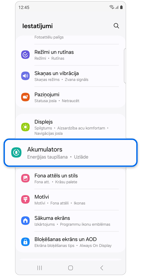 Sadaļas Iestatījumi sākuma ekrāns