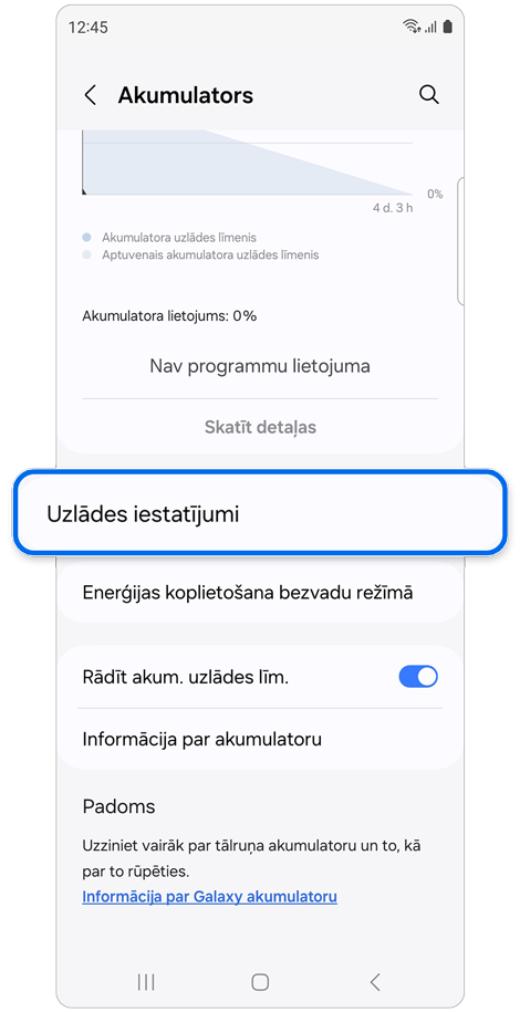 Opcijas Akumulators iestatījumu ekrāns