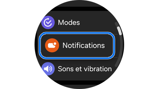 Écran d'accueil du menu des paramètres sur une Galaxy Watch.