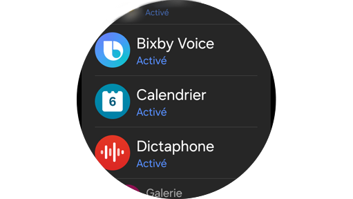 Liste des applications disponibles sur une Galaxy Watch.