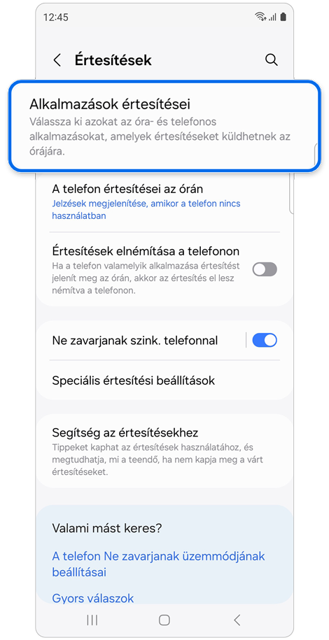 Óra értesítései képernyő.