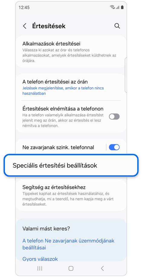 Óra értesítései képernyő.