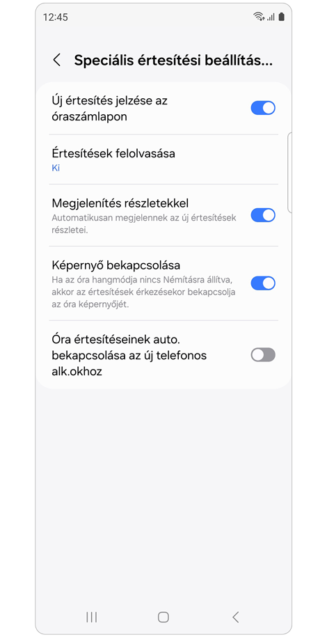 Speciális értesítési beállítások lista.