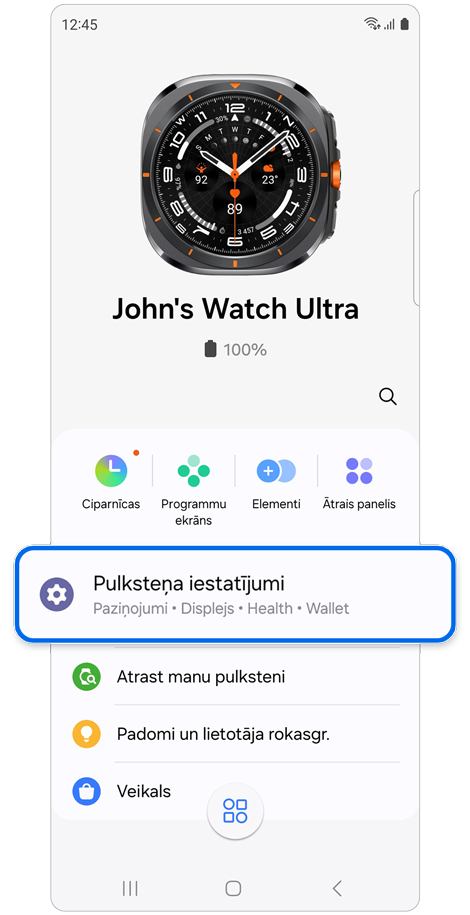 Galaxy Watch sākuma ekrāns programmā Galaxy Wearable.