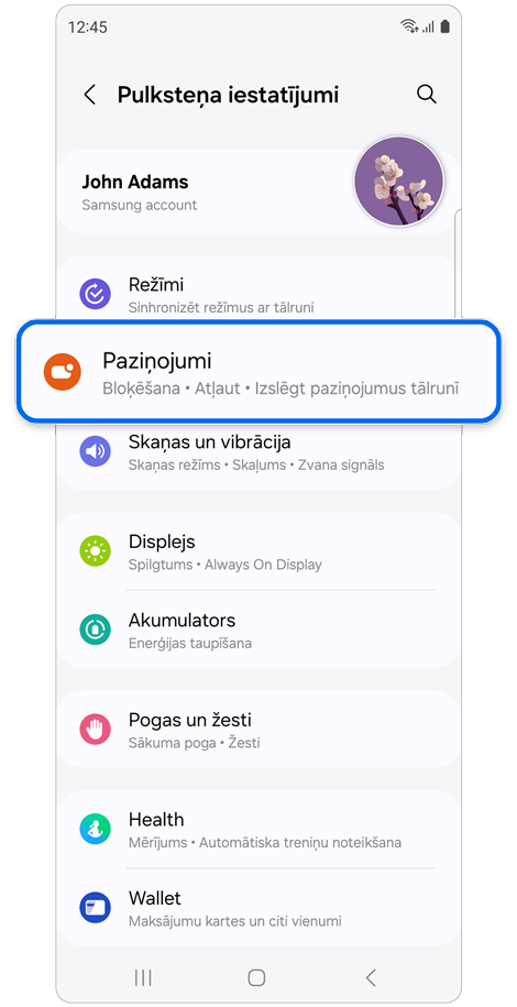 Sadaļas Pulksteņa iestatījumi sākuma ekrāns.
