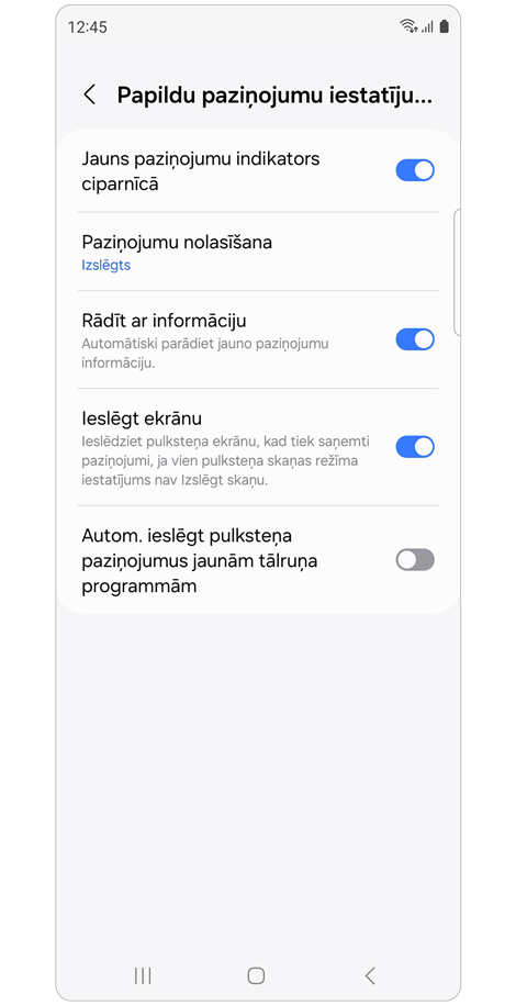 Opcijas Papildu paziņojumu iestatījumi saraksts.