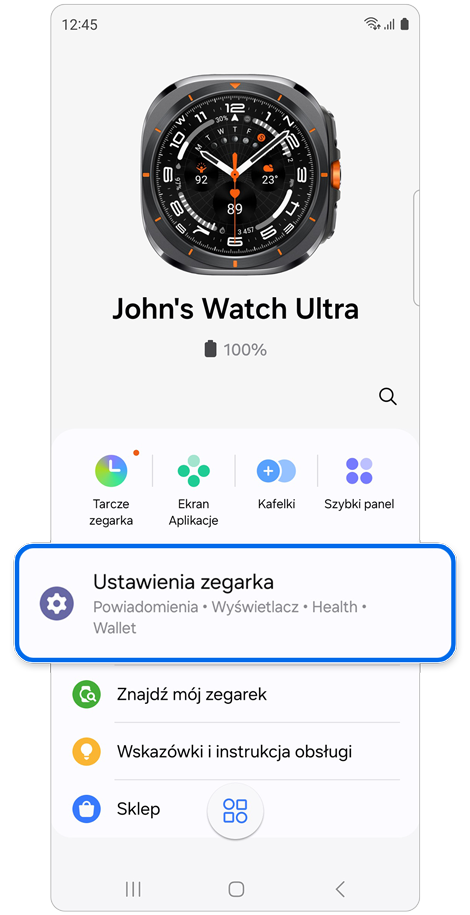 Ekran główny zegarka Galaxy Watch w aplikacji Galaxy Wearable.