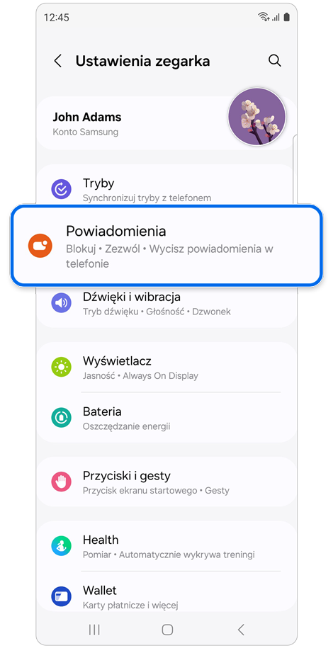 Ekran główny Ustawienia zegarka.