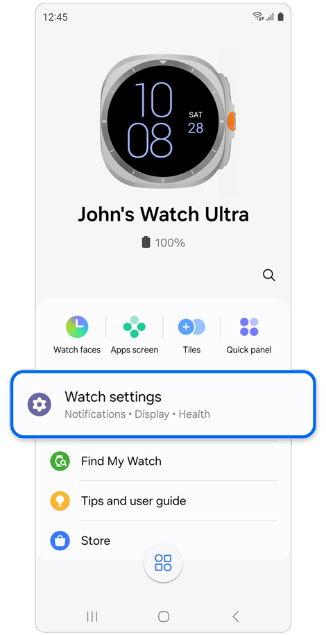 Galaxy Watch home screen on the Galaxy Wearable app.