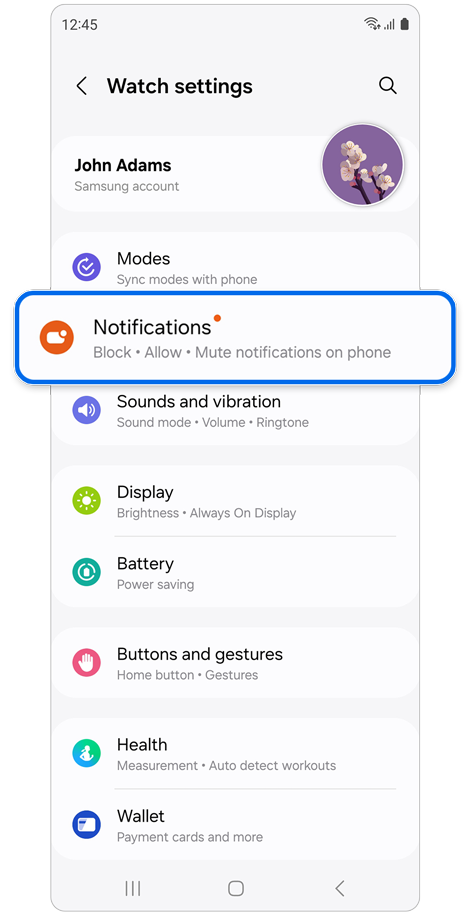 Watch settings home screen.