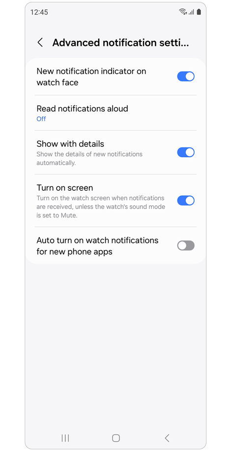 Advanced notification settings list.