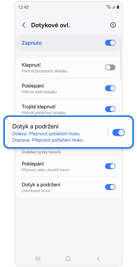 Obrazovka nastavení funkce Dotykové ovl.