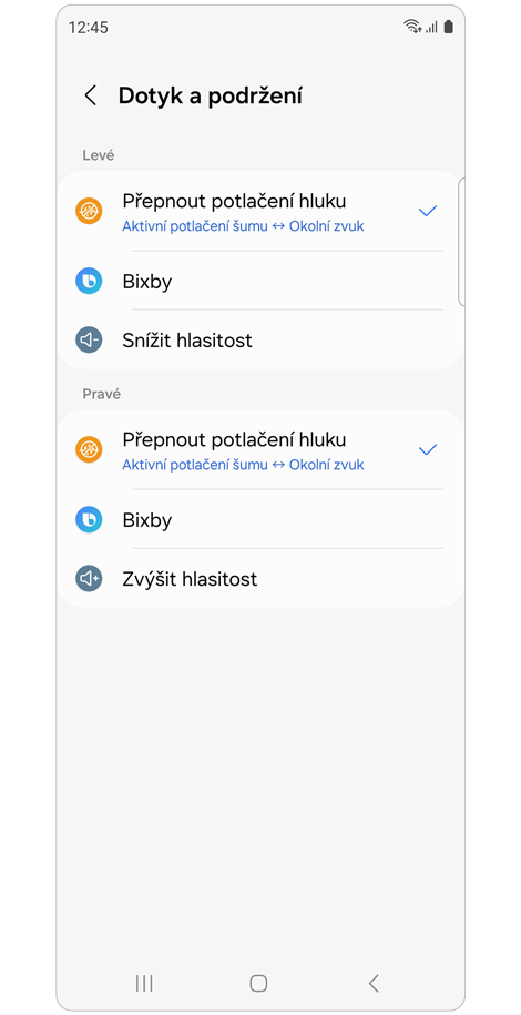 Obrazovka nastavení možnosti Dotyk a podržení