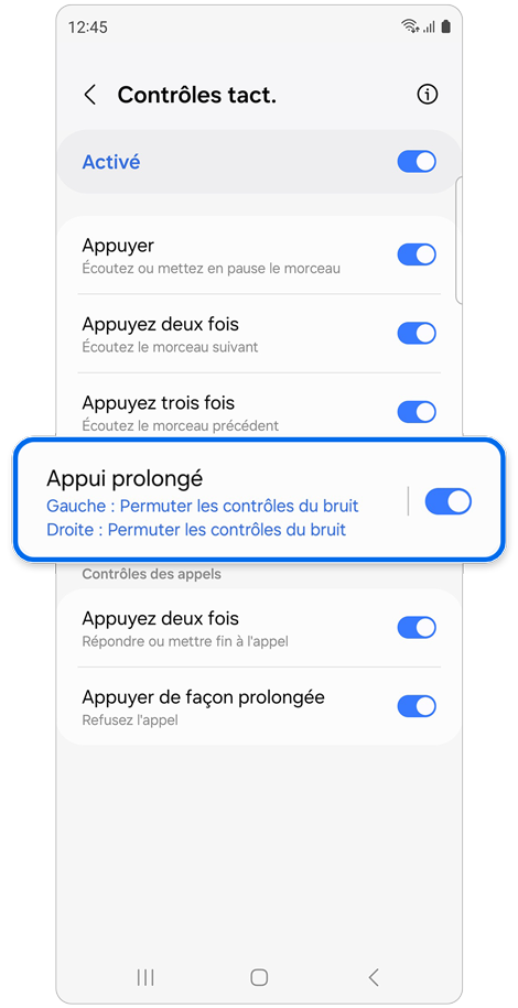 Écran d'accueil du menu Contrôles tactiles de l’application Galaxy Wearable