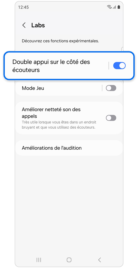Écran d'accueil du menu Labs de l’application Galaxy Wearable