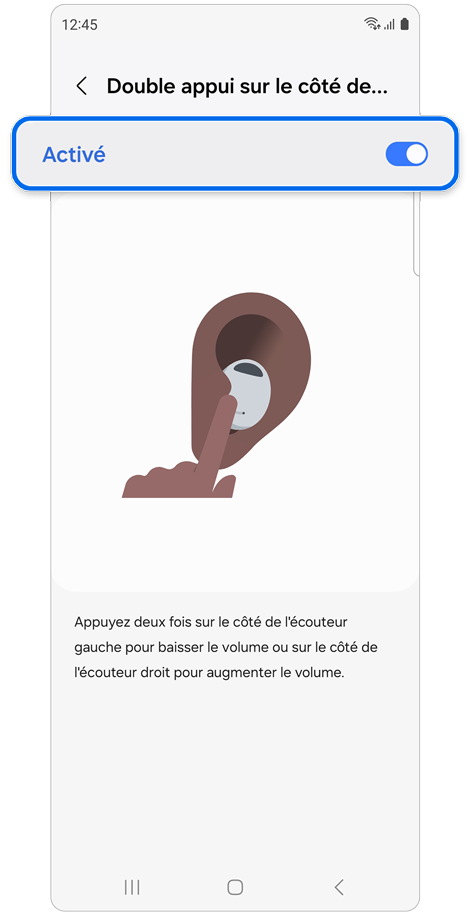 Écran d'accueil du menu Double appui sur le côté des écouteurs de l’application Galaxy Wearable