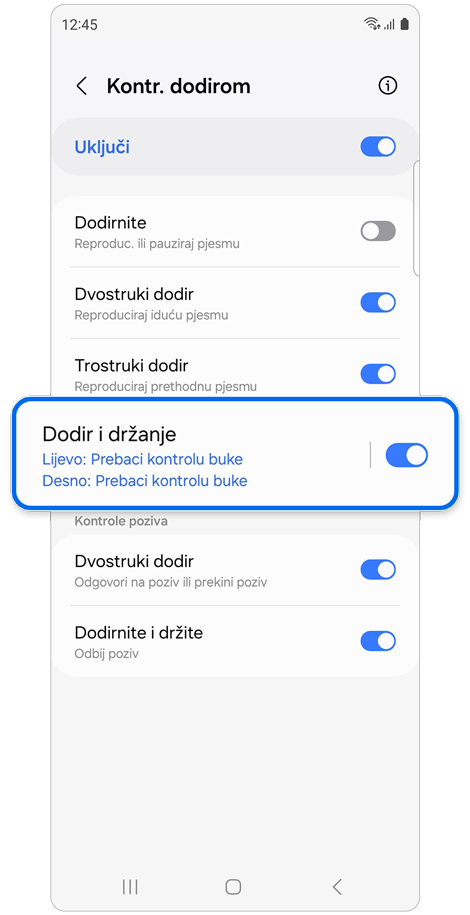 Postavke zaslona za Dodirne kontrole