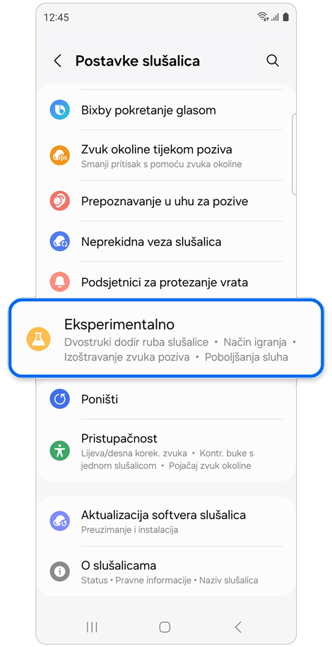 Zaslon Postavke slušalica