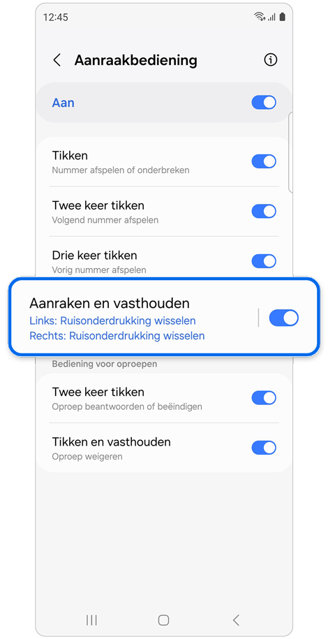 Aanraakbediening instellingen scherm