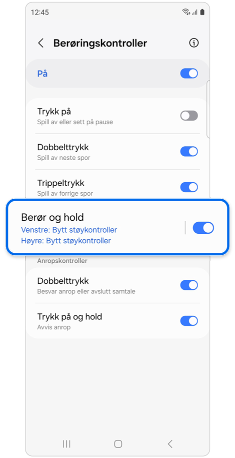 Skjermbildet for innstilling av Berøringskontroller