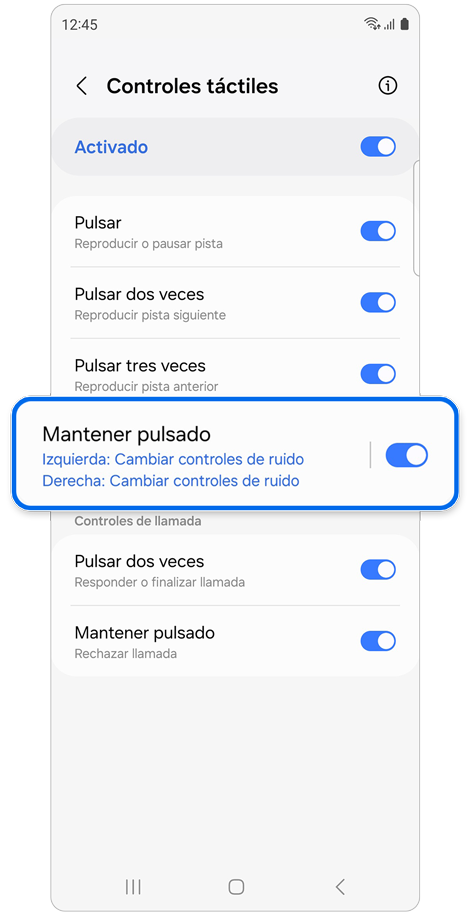 Pantalla de ajustes de controles táctiles