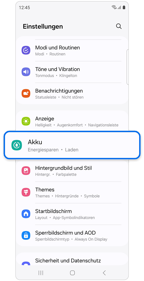 Startbildschirm „Einstellungen“