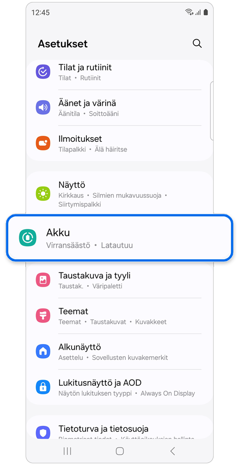 Asetukset-aloitusnäyttö.