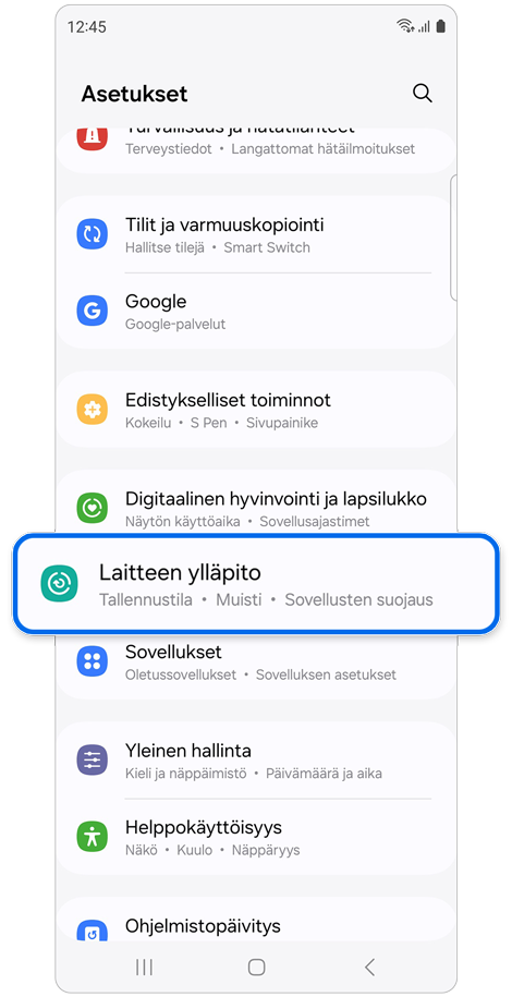Asetukset-aloitusnäyttö.